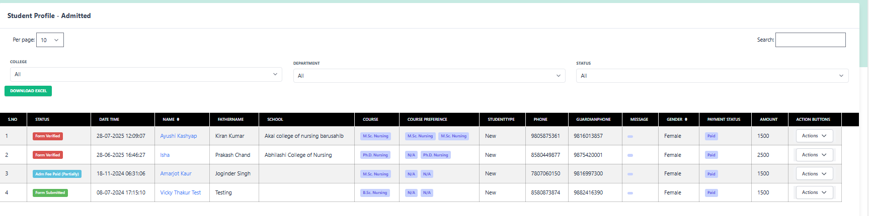 Admitted Students List