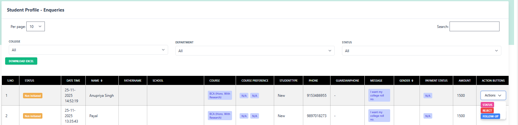 Enquiry List Interface