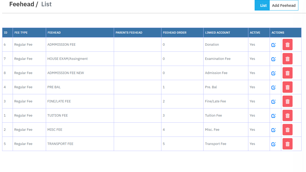 Fee Head Interface