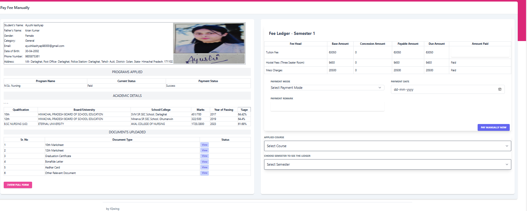 Pay Fee Manually Screen
