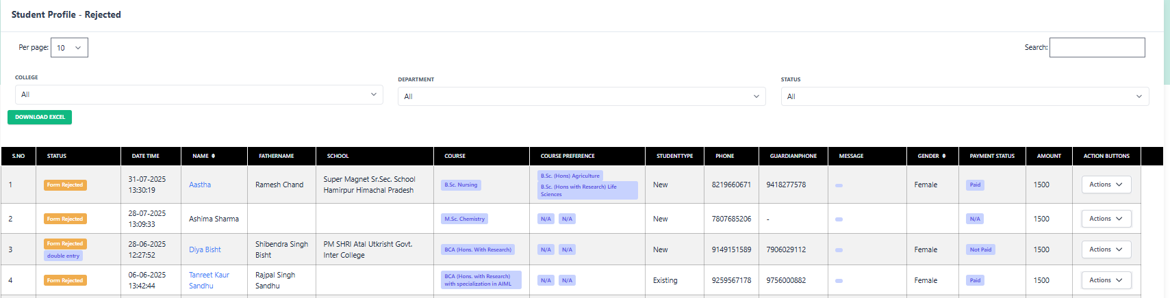 Rejected Students List
